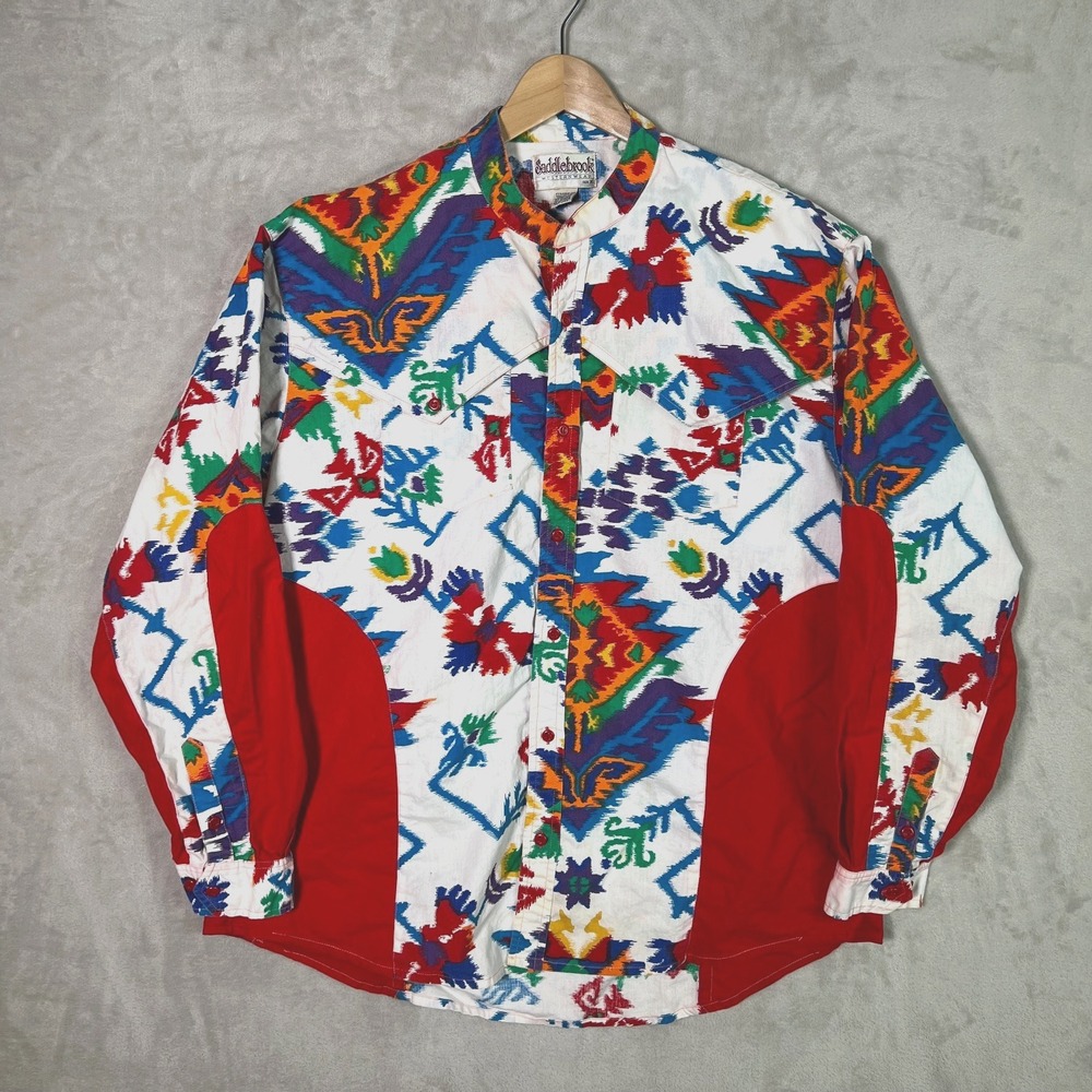 Vintage Saddlebrook Western Shirt Mens XL Band Collar Southwestern Aztec Colorbl